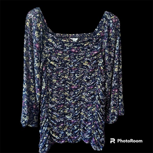 Cato Ruched Navy and Floral‎ Blouse, Size XL,  long sleeves, stretchy